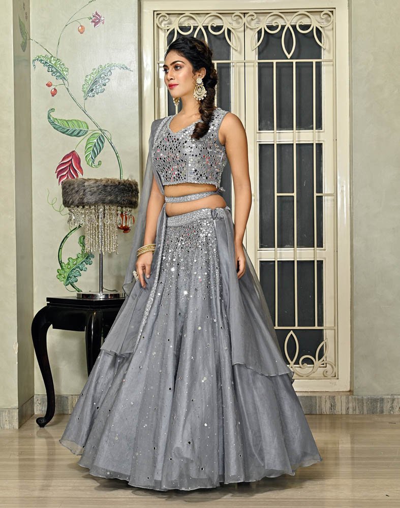 Grey Indo Western Ghagra with Mirror Work and Organza Dupatta ...