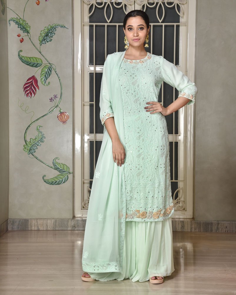 Indya shararawomenindianwear  Buy Indya Green Tiered Ruffled Sharara  Pants Online  Nykaa Fashion